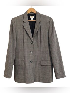 Talbots Glen Plaid Houndstooth Blazer Jacket Wool Blend Black Red Sz 10 USA